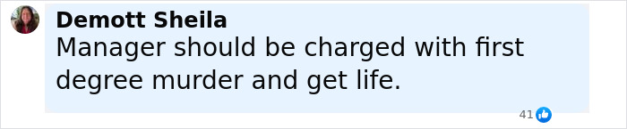 Facebook comment by Demott Sheila demanding manager be charged after 7-Eleven employee whose manager sat on her passes away.