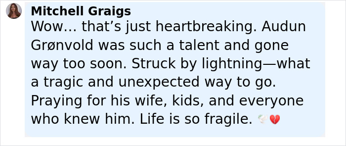 Screenshot of a social media comment mourning the loss of Olympic medalist skier struck by lightning. - 15