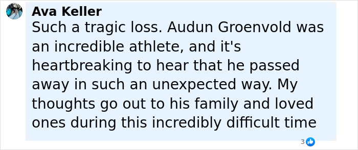 Comment expressing condolence for Olympic medalist skier Audun Groenvold’s unexpected death after a lightning strike shared by his wife. - 18