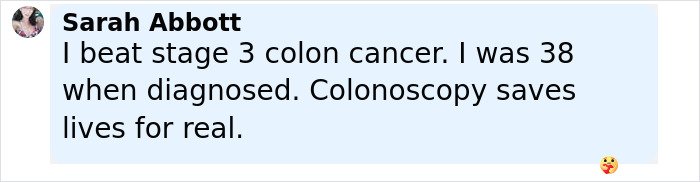 Text message from Sarah Abbott sharing her experience with stage 3 colon cancer and the importance of colonoscopy in saving lives. - 5