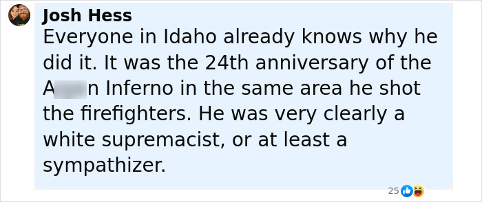 Screenshot of a social media comment discussing Idaho teen sniper&rsquo;s motive and connection to shooting firefighters.