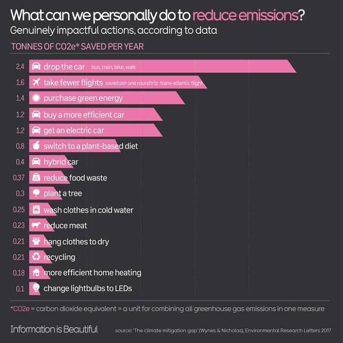 Infographic showing data on personal actions to reduce emissions and save tonnes of CO2e per year visually.