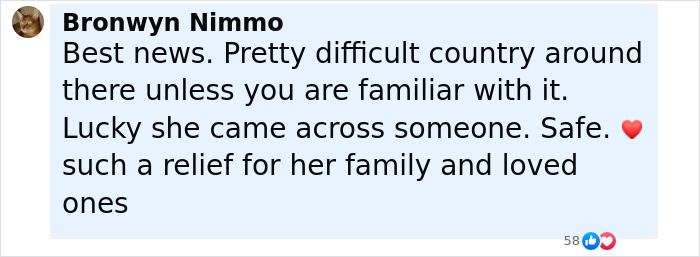 Comment about backpacker found after going missing in Australian Outback, expressing relief for family and safety.