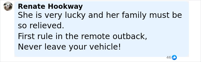 Comment by user Renate Hookway expressing relief about a backpacker found after going missing in the Australian outback.