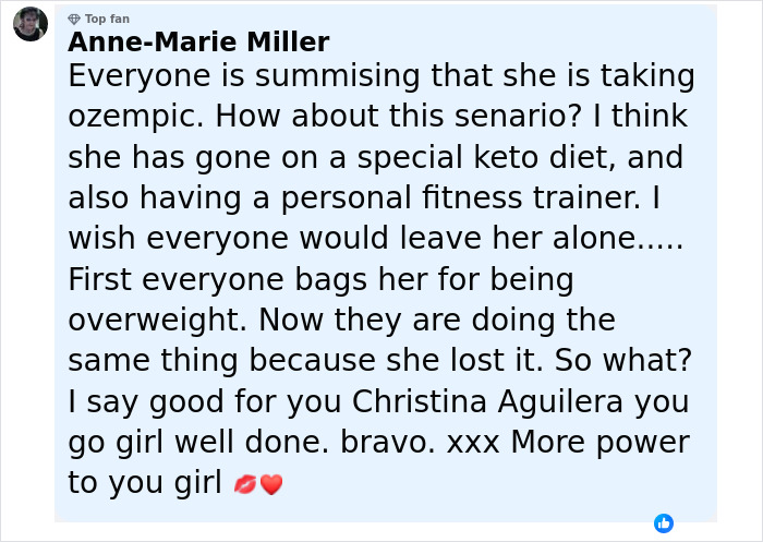 Alt text: Fan comment discussing Christina Aguilera and Ozempic rumors mentioning keto diet and personal fitness trainer. - 32
