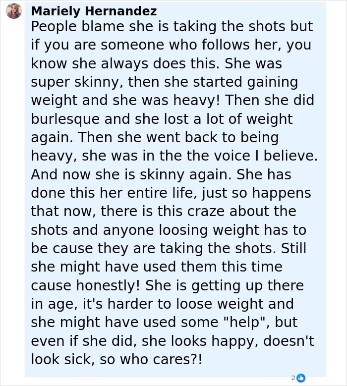 Comment discussing Christina Aguilera's changing weight amid Ozempic rumors and her history of fluctuating appearance. - 26
