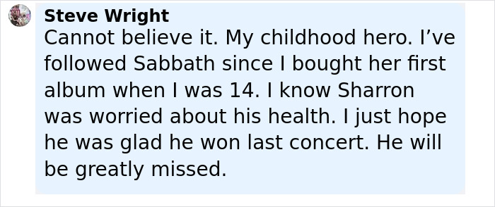 Text message from Steve Wright expressing sadness over Ozzy's passing and reflecting on Black Sabbath's impact.