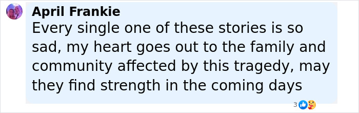 Comment from April Frankie expressing sympathy for the family and community affected by Camp Mystic tragedy. - 27
