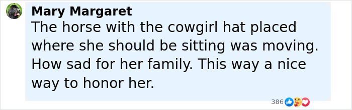 Comment from Mary Margaret about the horse walking behind the hearse with the cowgirl hat honoring the girl after Camp Mystic tragedy. - 5