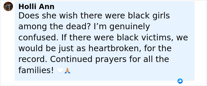 Screenshot of social media comment expressing confusion and prayers amid controversy over flood-stricken Camp Mystic whites-only remarks.
