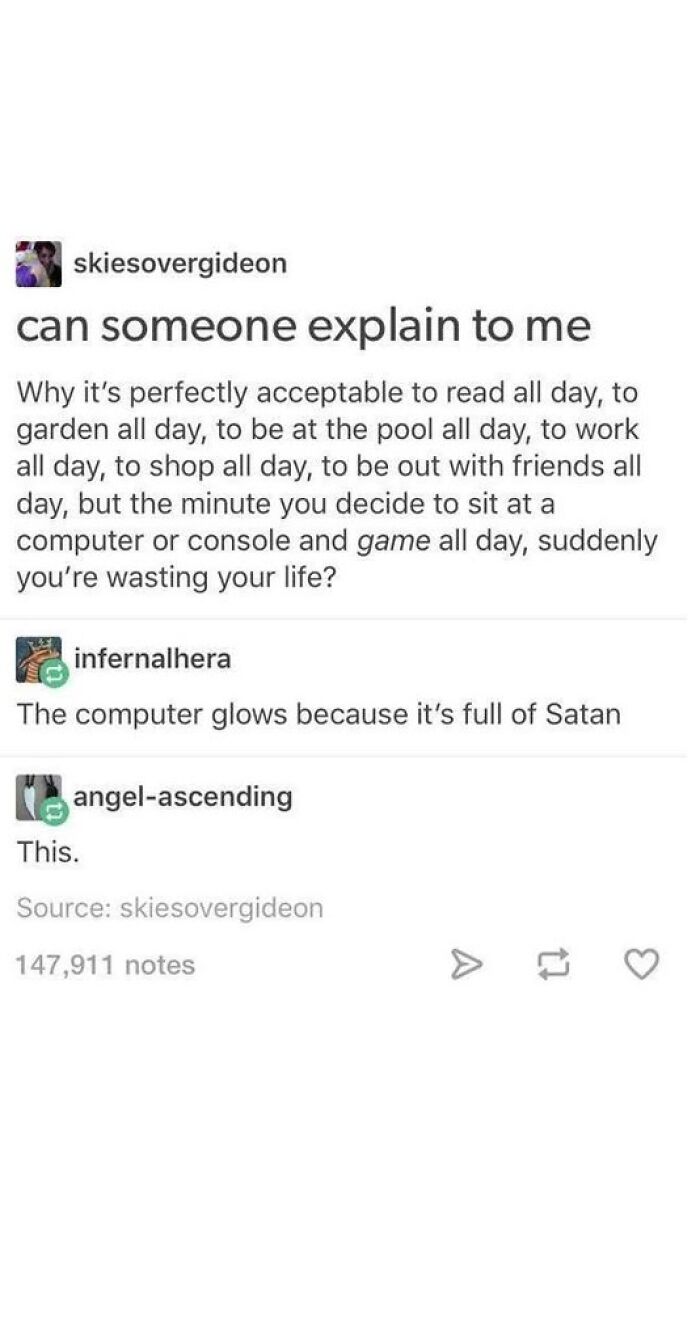 Tumblr post discussing the relatability of gaming all day versus other activities and playful responses.