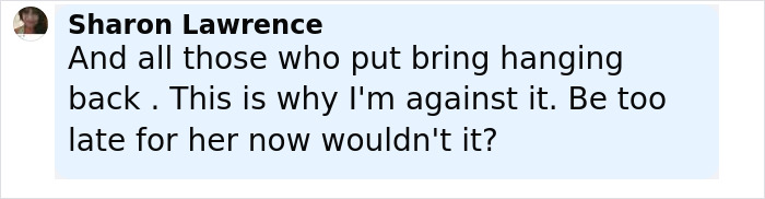 Comment by Sharon Lawrence expressing concern about delayed justice in a case of foul play suspicions involving a nurse and babies. Comment by Sharon Lawrence expressing concern about delayed justice in a case of foul play suspicions involving a nurse and babies.
