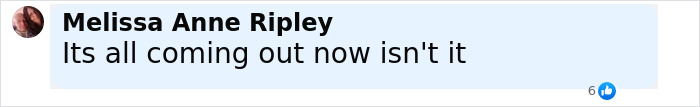 Comment by Melissa Anne Ripley saying its all coming out now, related to cops arresting top bosses over foul play suspicions. Comment by Melissa Anne Ripley saying its all coming out now, related to cops arresting top bosses over foul play suspicions.