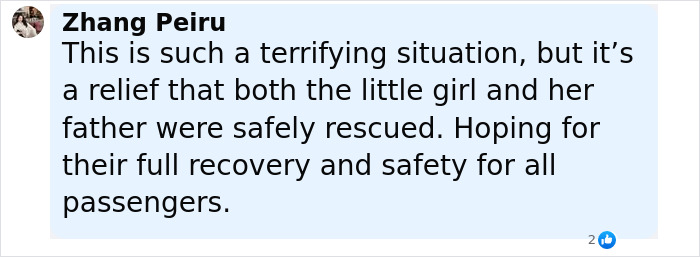 Comment by Zhang Peiru expressing relief over little girl&rsquo;s rescue after terrifying fall from Disney cruise ship, hoping for recovery.