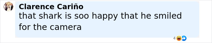 Comment saying that a shark looks happy and smiled for the camera in reaction to scientists dropping a cow 1629 meters deep into the sea.