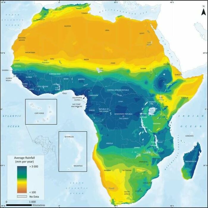Map of Africa showing average rainfall in millimeters per year using a color gradient in interesting infographics and data.