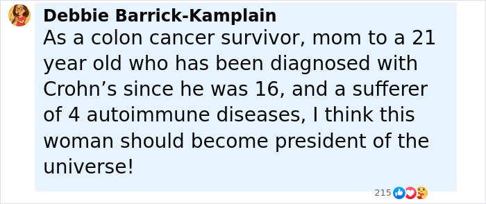 Comment by Debbie Barrick-Kamplain about being a colon cancer survivor and supporting ostomy bag awareness.