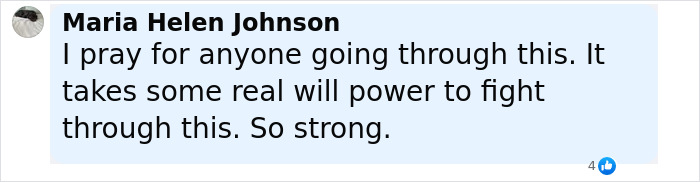 Comment from Maria Helen Johnson showing support for someone struggling with an ostomy bag, expressing strength and willpower.
