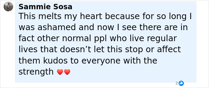 Comment expressing support and strength from a woman ashamed of her ostomy bag for years.