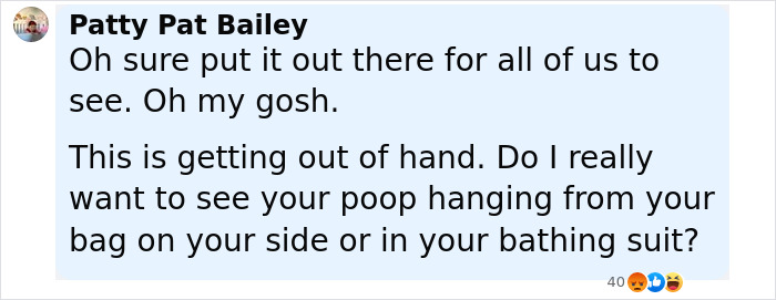 Comment expressing shock and discomfort about a woman&rsquo;s ostomy bag being visible on her side or in a bathing suit.