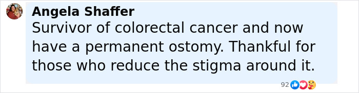 Comment from Angela Shaffer about being a colorectal cancer survivor with a permanent ostomy reducing stigma around ostomy bags.