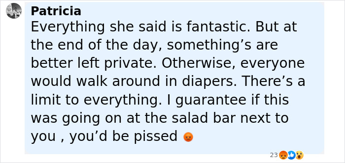 Comment by Patricia expressing strong opinion about privacy and ostomy bags, showing frustration and concern in an online discussion.