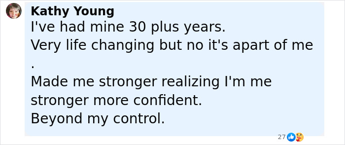 Comment from Kathy Young describing her 30-year experience living confidently with an ostomy bag.