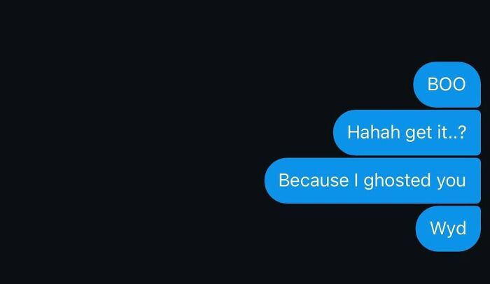 Text message exchange showing a ghosting joke meme in blue chat bubbles, illustrating relatable random memes.