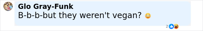 Comment by Glo Gray-Funk expressing surprise about prehistoric ancestors not being vegan with a shocked emoji.
