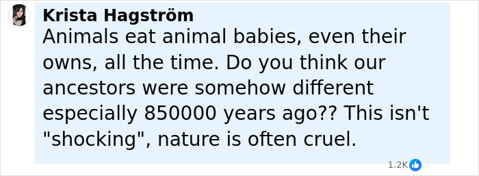 Screenshot of a social media comment discussing prehistoric ancestors and the cruel nature of animals eating babies.