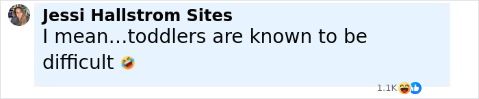 Facebook comment by Jessi Hallstrom Sites saying toddlers are known to be difficult, with laughing emoji and 1.1K reactions.