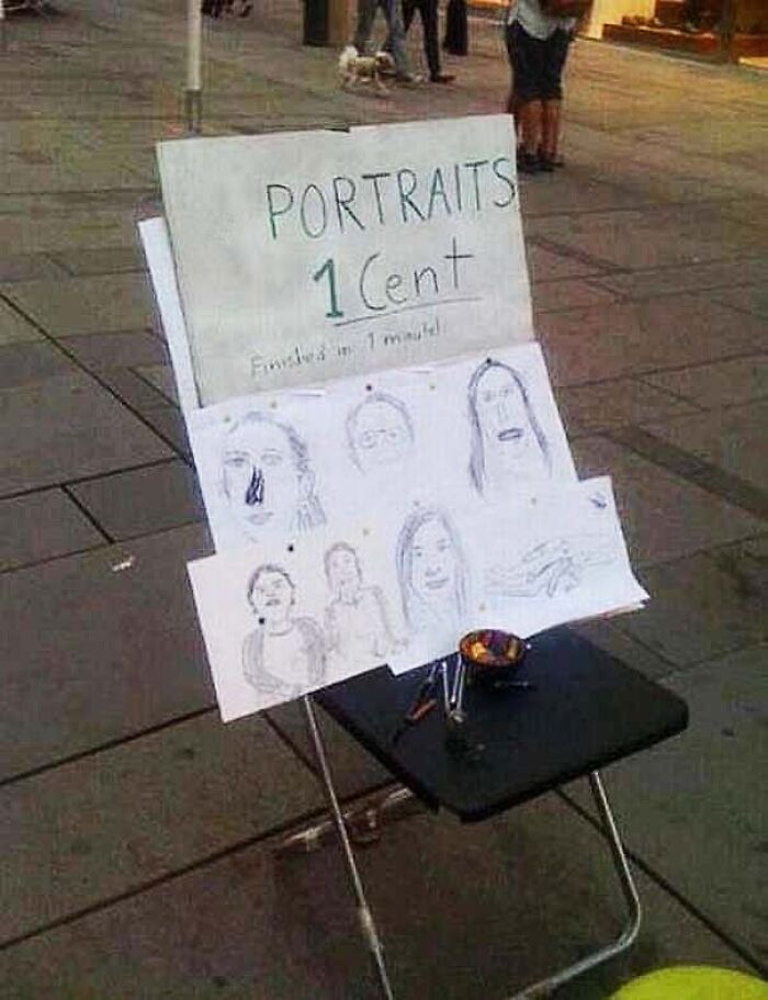 Street stand offering chaotic and funny portraits for 1 cent, combining trash and culture in humorous artwork.