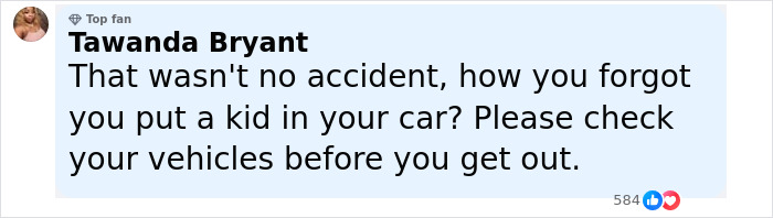 Facebook comment by Tawanda Bryant expressing concern about forgetting a child in a car and urging vehicle safety checks. - 16