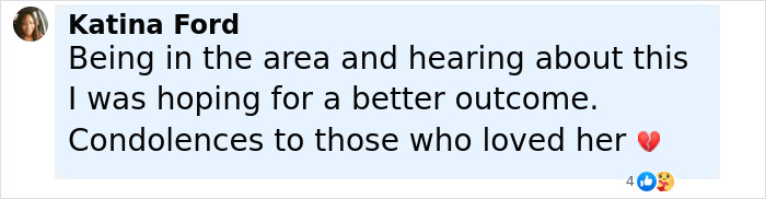Comment from Katina Ford expressing condolences and disappointment over the case of missing 9-year-old girl found deceased.