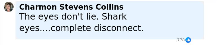 Comment by Charmon Stevens Collins discussing a disconnect described as shark eyes in a social media post. - 32