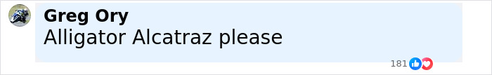 Comment by Greg Ory asking for Alligator Alcatraz in a social media post with 181 reactions visible. - 30