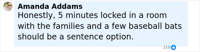 Comment from Amanda Addams about sentencing, mentioning families and baseball bats, related to Bryan Kohberger crime details. - 26