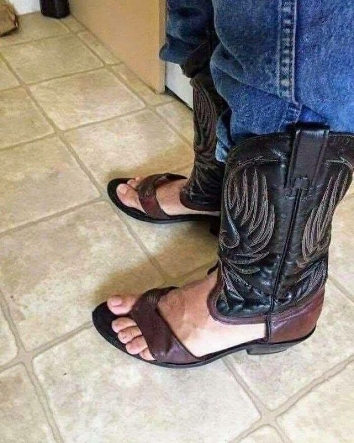 Person wearing a chaotic mix of sandals combined with cowboy boots, showcasing funny and unusual cultural fashion choices.