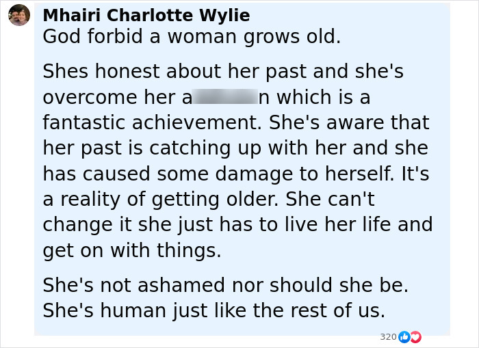 Comment on social media defending a woman against trolls mocking her over an over-tanned face, referencing Ulrika Jonsson.
