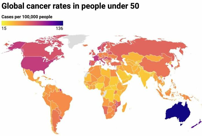World map infographic showing global cancer rates in people under 50 with color-coded cases per 100,000 people data.