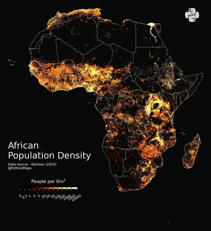 Infographic showing African population density with color-coded heatmap highlighting areas of high and low population per square kilometer.