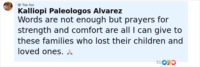 Facebook comment expressing prayers and comfort for families who lost children in the flood, reflecting flood victim fear.
