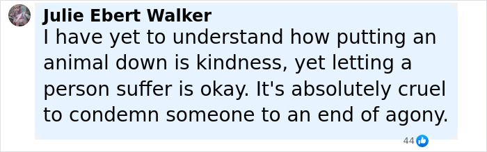Facebook comment from Julie Ebert Walker expressing distress over cruelty and suffering related to a mom starving to protect her kids. Facebook comment from Julie Ebert Walker expressing distress over cruelty and suffering related to a mom starving to protect her kids.