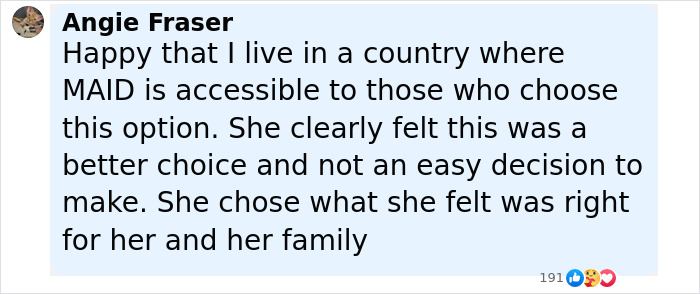 Comment by Angie Fraser on MAID accessibility, reflecting on the difficult decision of a mom ending her life to protect kids. Comment by Angie Fraser on MAID accessibility, reflecting on the difficult decision of a mom ending her life to protect kids.