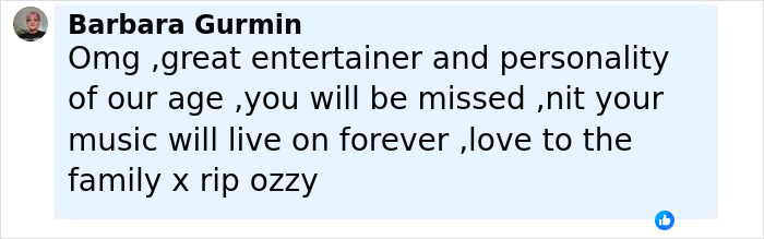 Fan tribute message expressing sadness over Rock God Ozzy Osbourne's passing and his lasting musical legacy. - 11