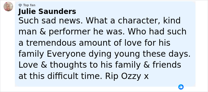 Screenshot of Facebook comment by Julie Saunders expressing condolences on the passing of rock god Ozzy Osbourne at 76. - 10