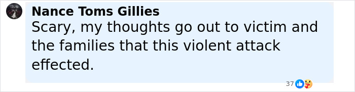 Comment from Nance Toms Gillies expressing sympathy for the victim and families affected by violent attack on Virginia councilman.