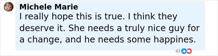 Comment from Michele Marie expressing hope that Pamela Anderson dating Liam Neeson brings happiness to both.