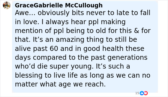 Comment by GraceGabrielle McCullough reflecting on love and aging, mentioning health and life blessings past age 60.