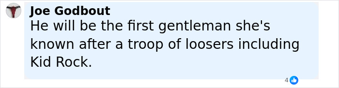 Comment from Joe Godbout about Pamela Anderson dating Liam Neeson, mentioning him as the first gentleman she's known.